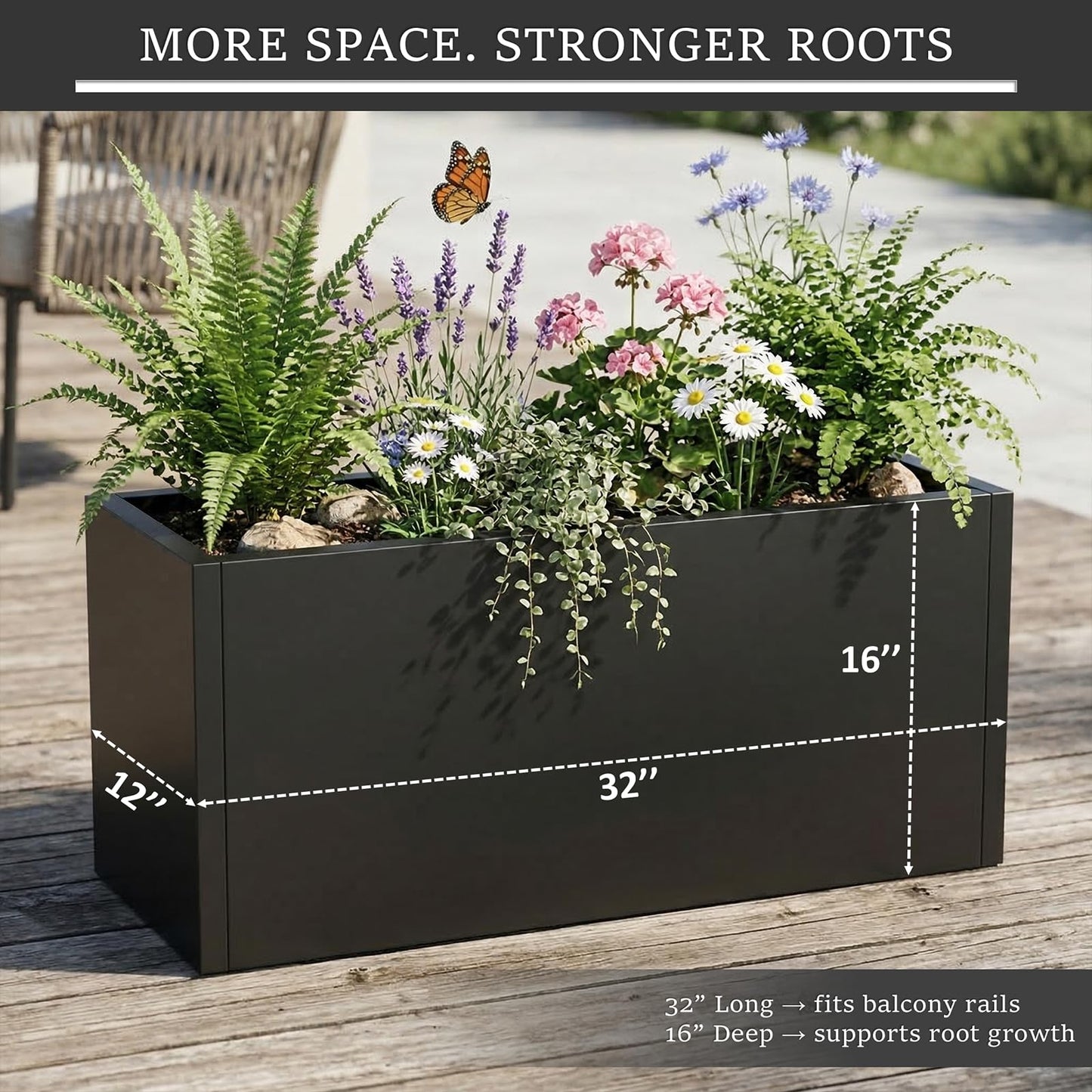 WIZWERK Rustproof Metal Planter Box 32 Inch Outdoor, Galvanized Steel Raised Garden Bed with Drainage Holes, Large Deep Rectangular Planter for Patio Balcony Porch Backyard