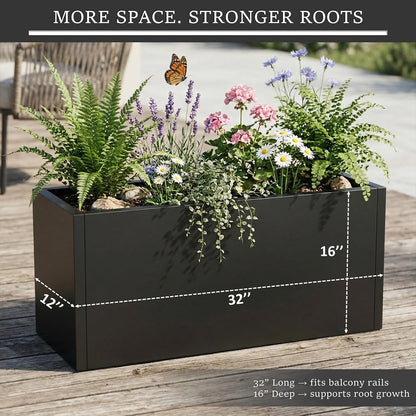WIZWERK Rustproof Metal Planter Box 32 Inch Outdoor, Galvanized Steel Raised Garden Bed with Drainage Holes, Large Deep Rectangular Planter for Patio Balcony Porch Backyard