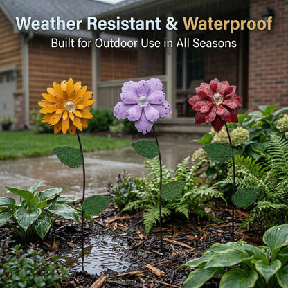Topadorn 3 Pack Glow-in-the-Dark Flower Garden Stakes, Metal Plant Picks with Shaking Heads, Weatherproof Yard Pathway Decor