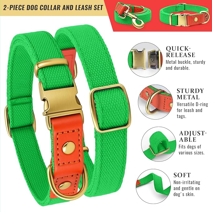 Dog Collar and Leash Set with Metal Quick Release Buckle, Adjustable, Breathable Nylon, Durable, Soft and Comfortable, No Pull for Walking and Training, Fluorescent Green, L (14.9"-22.8")