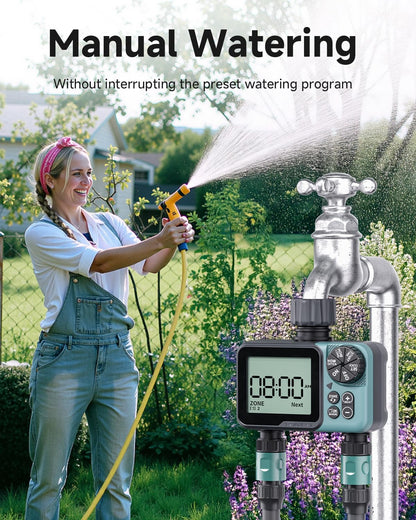 Sprinkler Timer 2 Zone & Digital Water Timer for Garden Hose, Yard, Lawn, Pool – Programmable Irrigation Controller with Rain Delay, IP66 Waterproof Auto & Manual Irrigation System