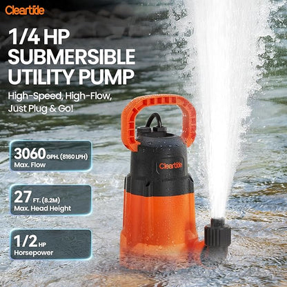 Cleartide Submersible Utility Water Pump, 1/2 HP 3060 GPH, Thermoplastic Portable Plug & Work, Ideal for Pool, Flooded Basement, Hot Tub, Pond & Garden Draining, Debris-Handling up to 3/8", 10 FT Cord