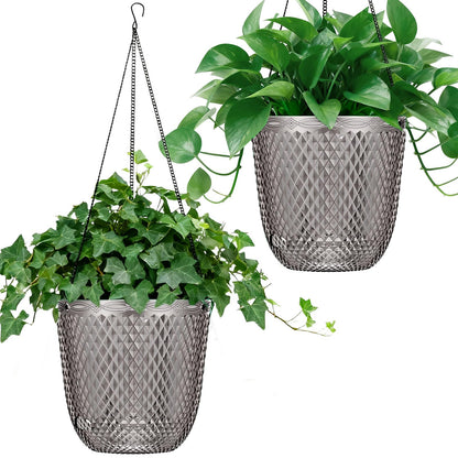 QCQHDU Hanging Planters for Indoor Plants, 2-Pack 7.2 Inch Self Watering Hanging Pots, Plastic Plant Hanger with Drainage Holes and 3 Hooks Chains for Garden Home (Gray)