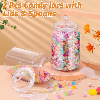 mwellewm 2 Pc Candy Jar with Lids 1 Gallon Large Candy Containers with Spoon Clear Plastic Cookie Dispenser Airtight Apothecary Storage Organization Snack Buffet Bar Dish for Wedding Home Classroom
