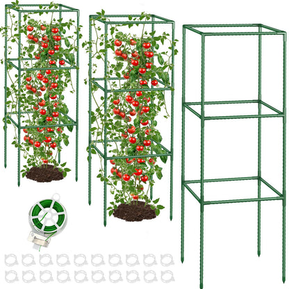 3 Pack Tomato Cages with Clips & Garden Wire, Outdoor Heavy Duty Steel Square Tomato Plant Support Stakes Garden Trellis for Climbing Plants Vegetables Flowers Fruits (41.5 Inch)