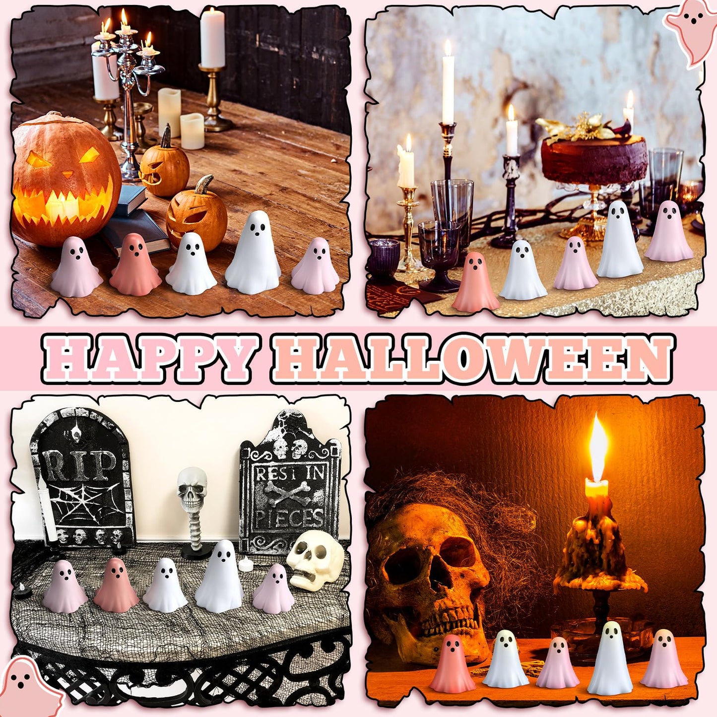 Amyhill 5 Pcs Halloween Ghost Figurine Resin Ghost Sculpture Statue Cute Halloween Decorations Spooky Tiered Tray Decor for Indoor Home Table Centerpieces Party Kitchen Tabletop Shelf (Cute,Pink)