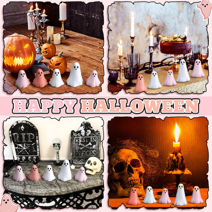 Amyhill 5 Pcs Halloween Ghost Figurine Resin Ghost Sculpture Statue Cute Halloween Decorations Spooky Tiered Tray Decor for Indoor Home Table Centerpieces Party Kitchen Tabletop Shelf (Cute,Pink)