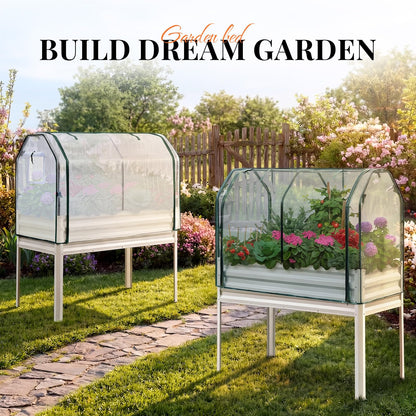 KING BIRD Raised Garden Bed with Cover & Netting Galvanized Elevated Large Planter Box with Legs for Backyard, Patio, Balcony, 400lb Capacity, Beige, 48×24×56 in