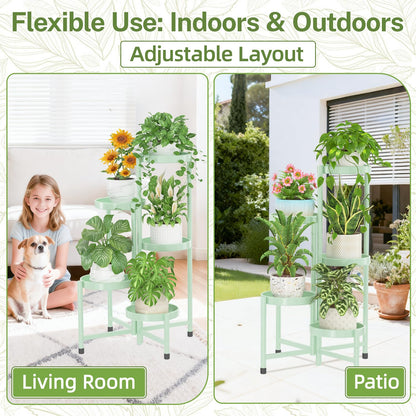 iDavosic.ly Plant Stand Indoor Outdoor, 5 Tier Corner Metal Flower Display Holder Shelf, Folding Tall Orchid Rack for Patio Balcony Porch Garden Living Room House, Light Green