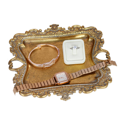 Funly mee Antique Trinket Dish Vintage Metal Jewelry Tray, Wedding Ring & Necklace Holder -8 x 7 inches (Gold, M)