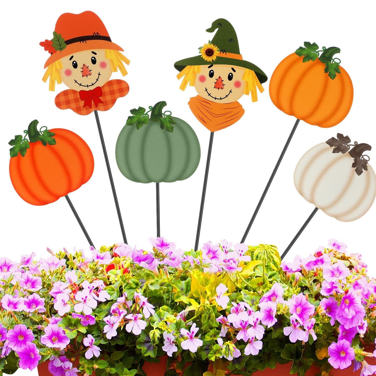 Anglechic 6 Pcs 12'' Fall Outdoor Decor Garden Stakes Pumpkin Scarecrow Maple Leaves Fall Metal Yard Sign Autumn Yard Stakes Outdoor Thanksgiving Decorations for Planter Lawn Patio Walkway Porch