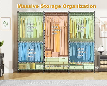 ULIFHOME E14C Pro Heavy Duty Closet Organizer System，Freestanding Clothing Racks for Hanging Clothes，Adjustable Garment Rack 69" W × 16" D × 77" H Hold 960 lbs，Black Rack with Black Dustproof Cover