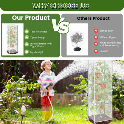 3 Pcs Garden Bird Net Cover for Square Tomato Cage, 59"x17.7" Insect Bird Barrier Tomato Cage Net with Zipper & Drawstring, Tomato Netting Protection Cover for Protecting,Cucumber from Birds, Insects