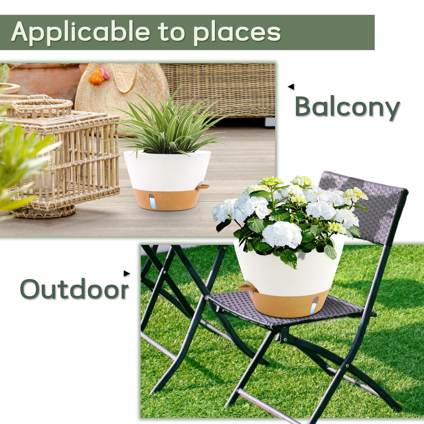 FIASON 12 Inch Self Watering Pot with Visual Water Window, Drainage Holes & Watering Lip, Set of 2 Large Plastic Planters for Indoor Outdoor Plants, Modern Decorative Flower Pot (White)