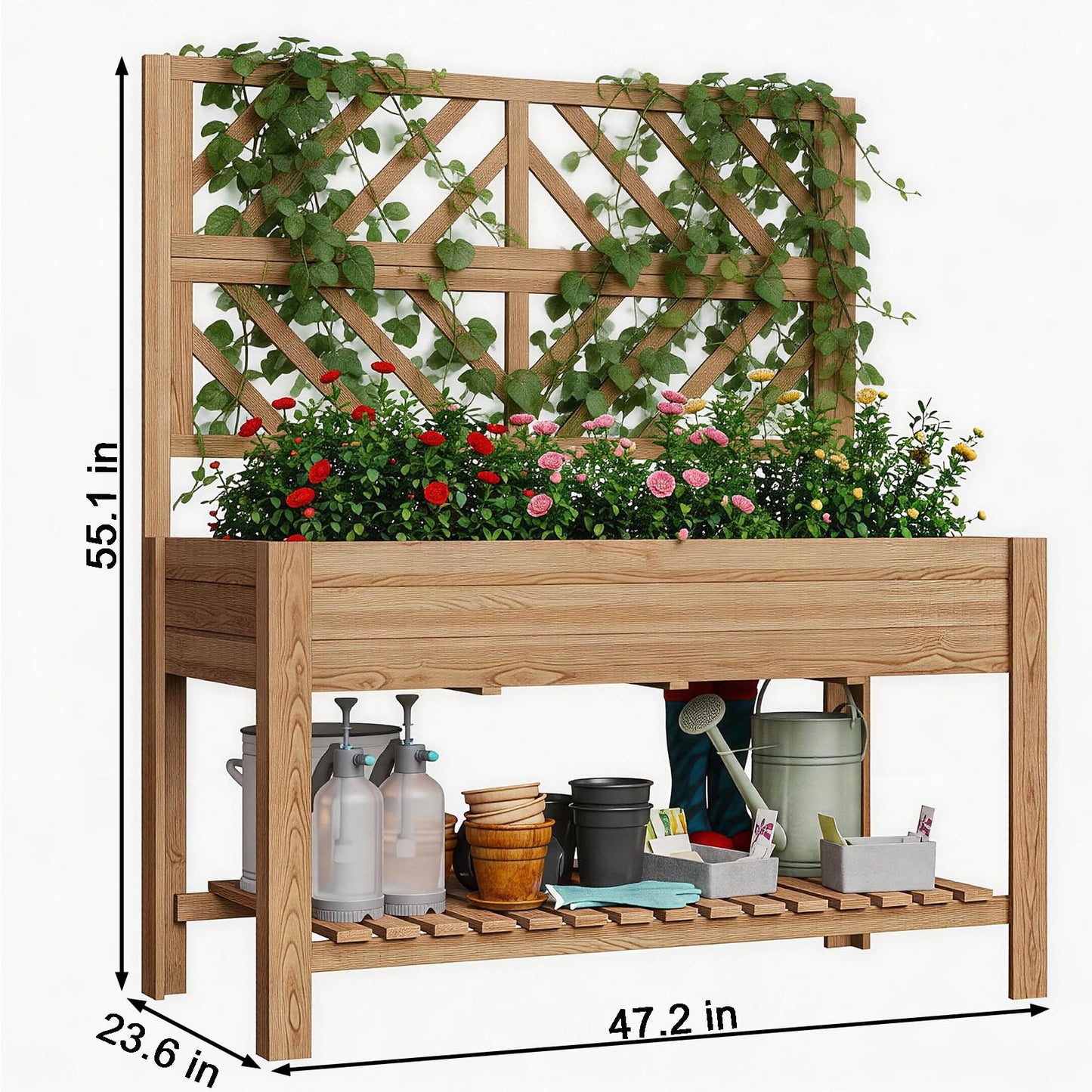 Vabches Wooden Elevated Raised Garden Bed with Trellis,47x24x55 in Planter Box with Legs and Storage Shelf,FreeStanding Gardening Planter for Flower Herb Vegetable Fruit Climbing Vines