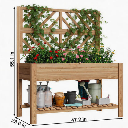 Vabches Wooden Elevated Raised Garden Bed with Trellis,47x24x55 in Planter Box with Legs and Storage Shelf,FreeStanding Gardening Planter for Flower Herb Vegetable Fruit Climbing Vines