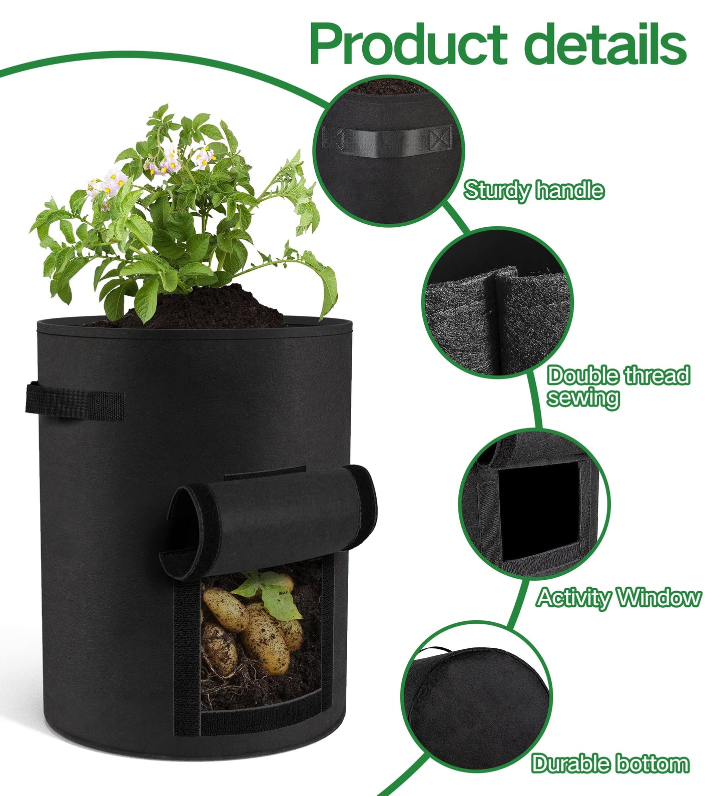 Moyios 6-Pack 10 Gallon Potato Grow Bags – Durable Nonwoven Fabric Planters with Reinforced Handles | Reusable Garden Containers for Potatoes, Vegetables (Black, 10 Gallons/6 Pack)