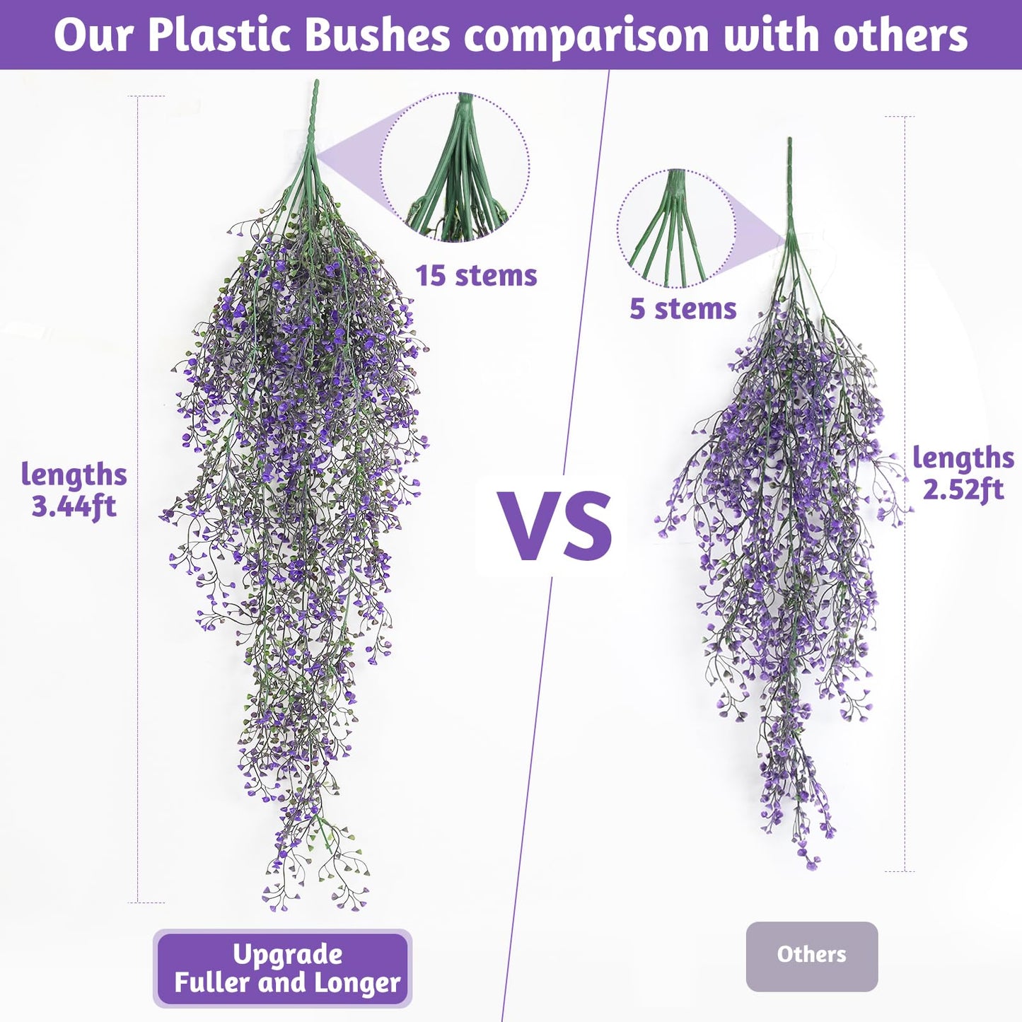 RECUTMS Artificial Vine Plants 2 Pack Fake Hanging Flower Plants Faux Ivy Vine Leaves Plastic Baby Breath Greenery UV Resistant for Home Bedroom Wall Porch Garden Wedding Decor (Purple)