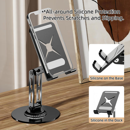 Briteroh All-Metal Cell Phone Stand 360° Rotatable & Height Adjustable - 25KG Super Load-Bearing, Foldable Desk Stand for Phone, Compatible with iPhone 17/16/15/14, Nintendo Switch, Silver