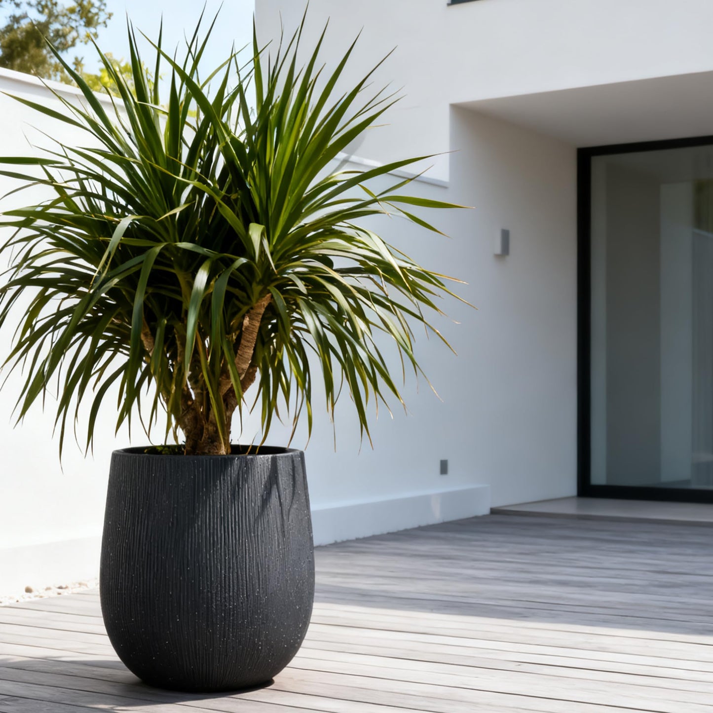 Worth Garden Large Dark Gray Round Planter, 12.5" x 18.5" Lightweight Magnesium Oxide Cement Plant Pot with a Striped Textured Finish, Raised Pattern Concrete Look, Drainage Hole, Indoor & Outdoor