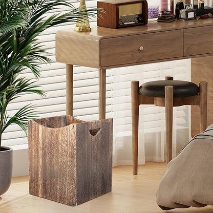 2 Pack Large Wooden Trash Can 9 Gal Curved Design Office Waste Basket, Square Farmhouse Garbage Can, Brown Vintage Wood Trash Can Storage Basket With Handles for Bedroom Office Living Room Decorative