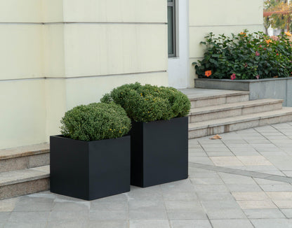 Black Square Planter Box Indoor Outdoor Flower and Tree Large Cube Planting Pot 16" X 16" - Fiberstone