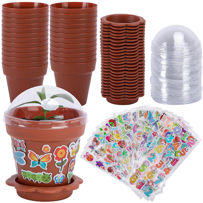 25 Packs Cupcake Plant Nursery Pots with Humidity Dome, Small Plastic Flower Plant Pots with 20 Sheet Stickers, Seeds Starter Pot Flower Planting Container for Seedlings Succulent Display (Wine Red)