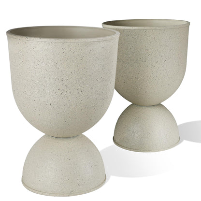 KOL Planters Flower Pots, Plastic Urn Planters for Indoor Outdoor Plants, Beige Pedestal Planter Pots 2 Pack, 15 Inch Tall Decorative Planters with Drainage Holes & Plugs for Front Porch Patio Garden
