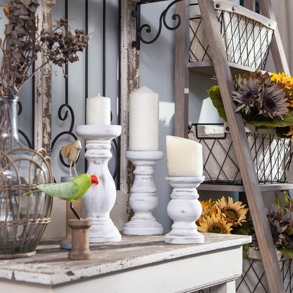 NIKKY HOME Farmhouse Rustic Wood Pillar Candle Holders Set of 3, White