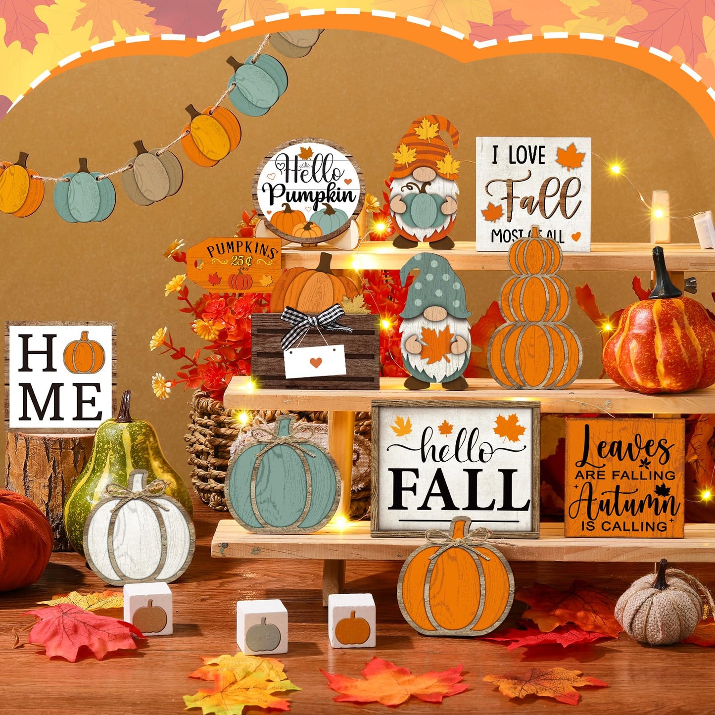 FairySandy 21 Pcs Fall Tiered Tray Decoration Set Fall Table Sign Pumpkins Farmhouse Decor Gnome Maple Leaves Centerpieces Thanksgiving Harvest Wood Decorative Blocks Tabletop Sign for Autumn(Pumpkin)