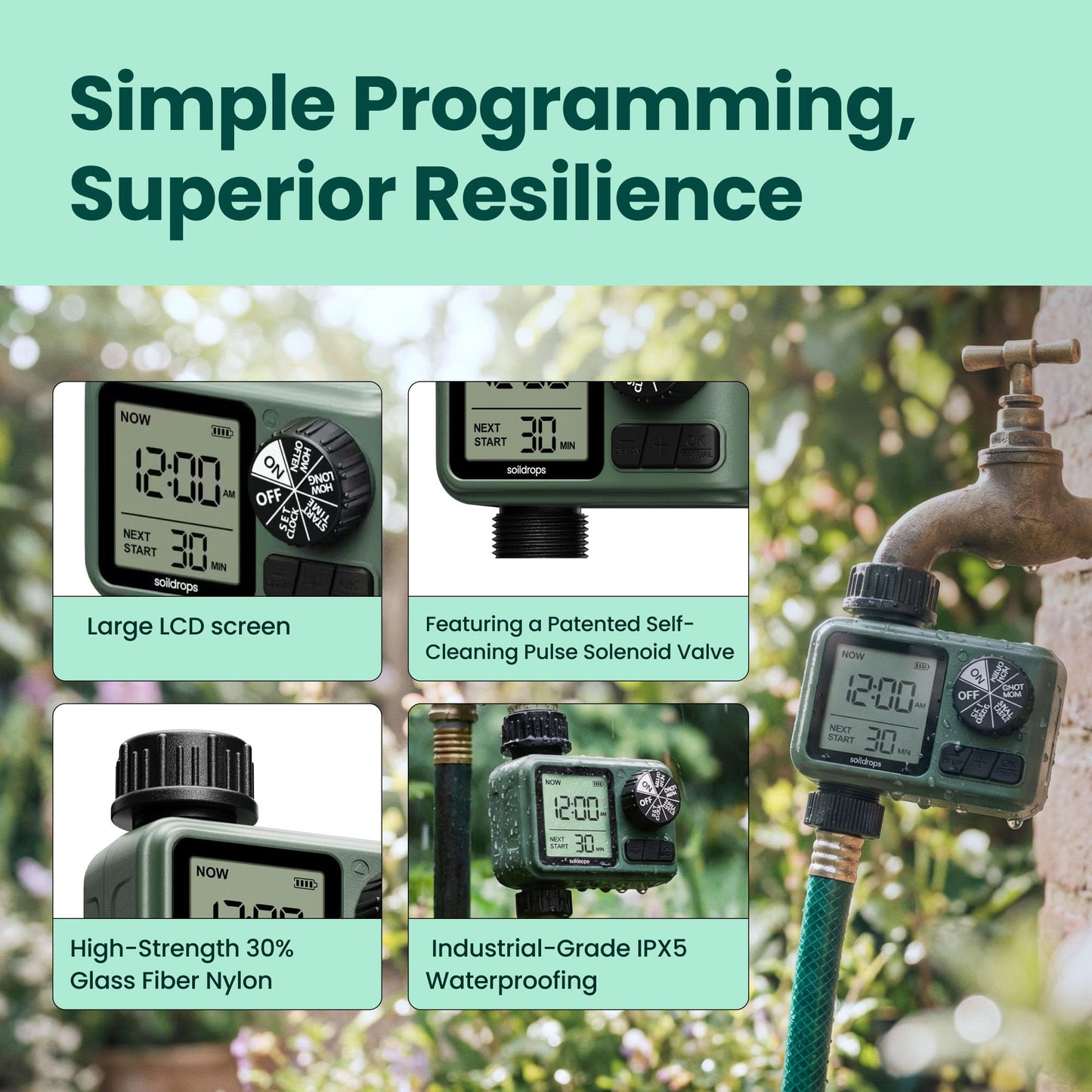 Soildrops Sprinkler Timer for Garden Hose, Programmable 1 or 2 Outlet Controller with Self-Cleaning Valve, 15-Day Frequency, Large Dial, Rain Delay & Auto-Off, IPX5