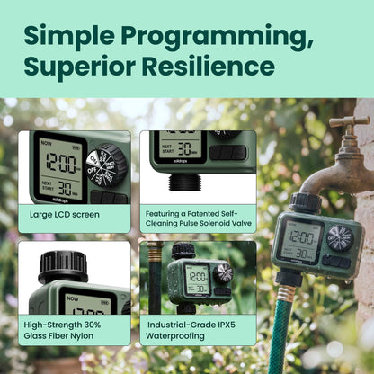 Soildrops Sprinkler Timer for Garden Hose, Programmable 1 or 2 Outlet Controller with Self-Cleaning Valve, 15-Day Frequency, Large Dial, Rain Delay & Auto-Off, IPX5
