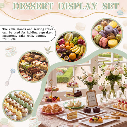 Remerry 16 Pcs Dessert Table Display Set 3 Tier Cupcake Stands Tower Holder Plastic Cookie Serving Trays Gold Serving Tongs for Tea Party Wedding Baby Shower Birthday Table Display (Pink and Green)