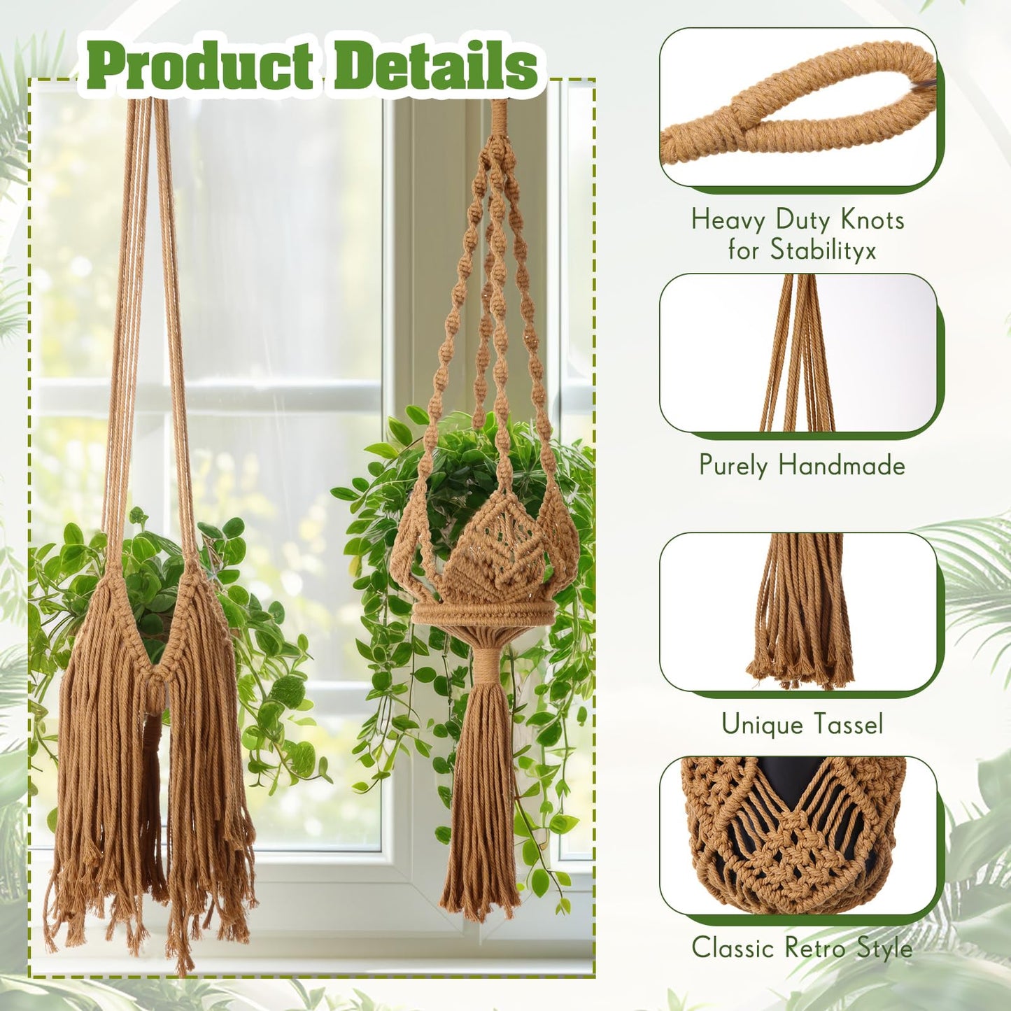 Wovnet 4 Packs Macrame Plant Hangers with Tassels Boho Crochet Hanging Plant Basketball for Indoor Outdoor Plant Hanger with 4 S Shaped Hooks for Home Decor Window Flower Pot(Brown)