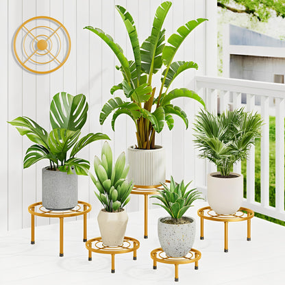 NQW 5 Pack Metal Potted Plant Stands,Flower Pot Stand Holder,Heavy Duty Plant Shelf for Multiple Plant,Rustproof Planter Container Round Supports Display Rack for Home(GoldCircle)
