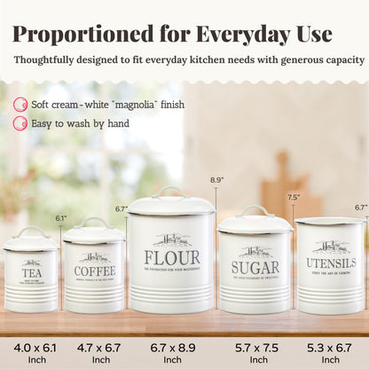 noonberry Kitchen Canisters for Countertop - 5-Piece Airtight Flour Sugar Coffee Tea Kitchen Canister Set with Utensil Holder - Sugar and Flour Containers for Kitchen Counter, Cream-White Finish