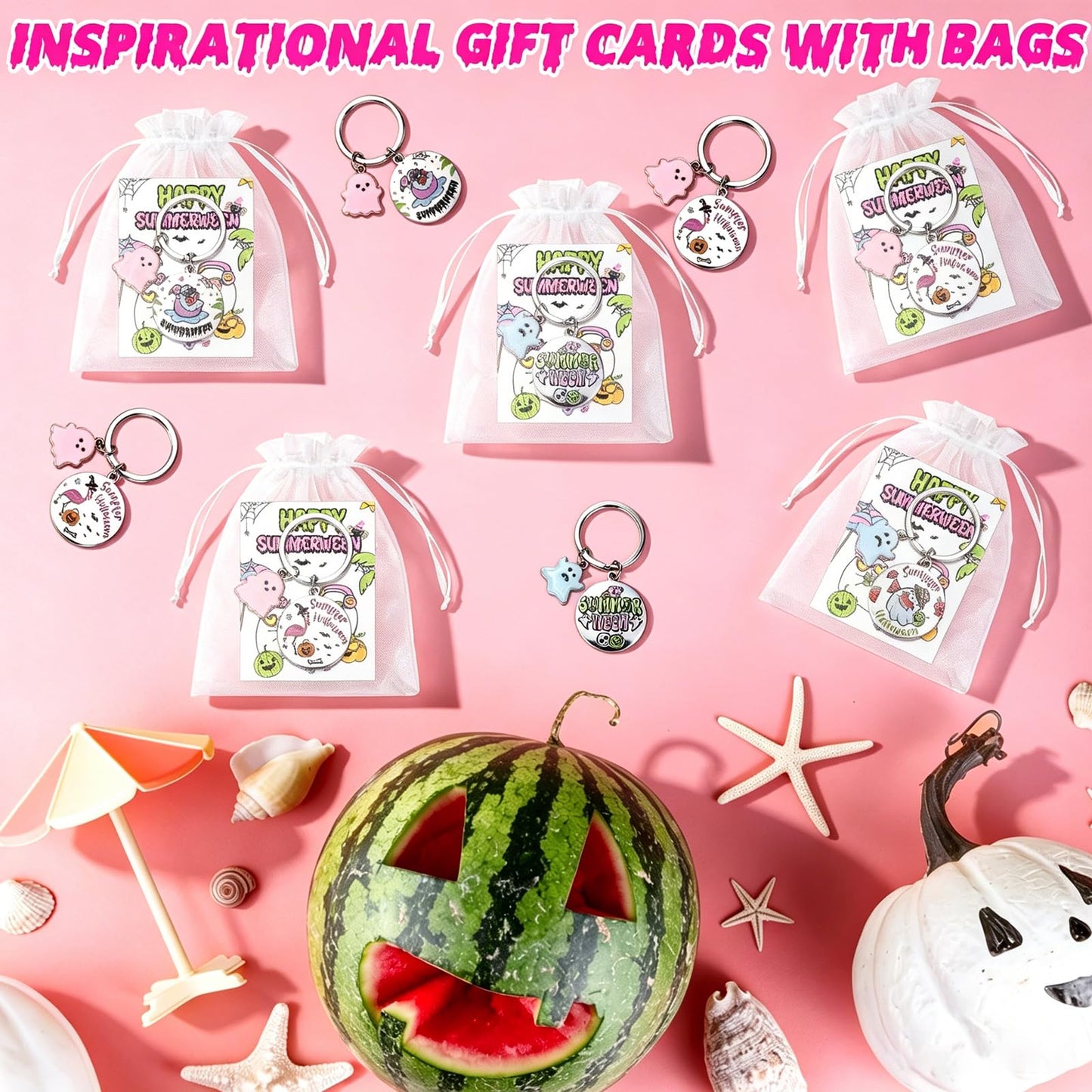 12 Sets Summerween Party Decor Gifts Summerween Ghost Keychain with Cards Organza Bags Summer Halloween Theme Party Favor Keyring for Guests Coworkers Tropical Beach Pool Hawaiian Spooky Party Supply