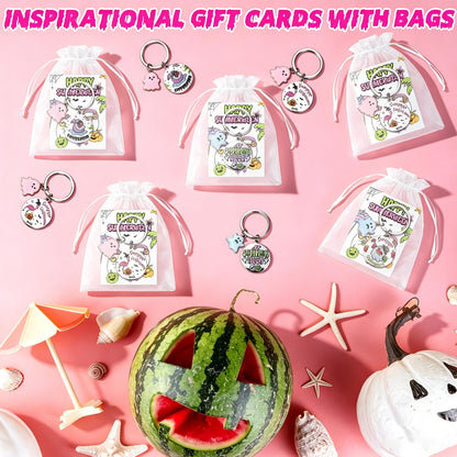 12 Sets Summerween Party Decor Gifts Summerween Ghost Keychain with Cards Organza Bags Summer Halloween Theme Party Favor Keyring for Guests Coworkers Tropical Beach Pool Hawaiian Spooky Party Supply