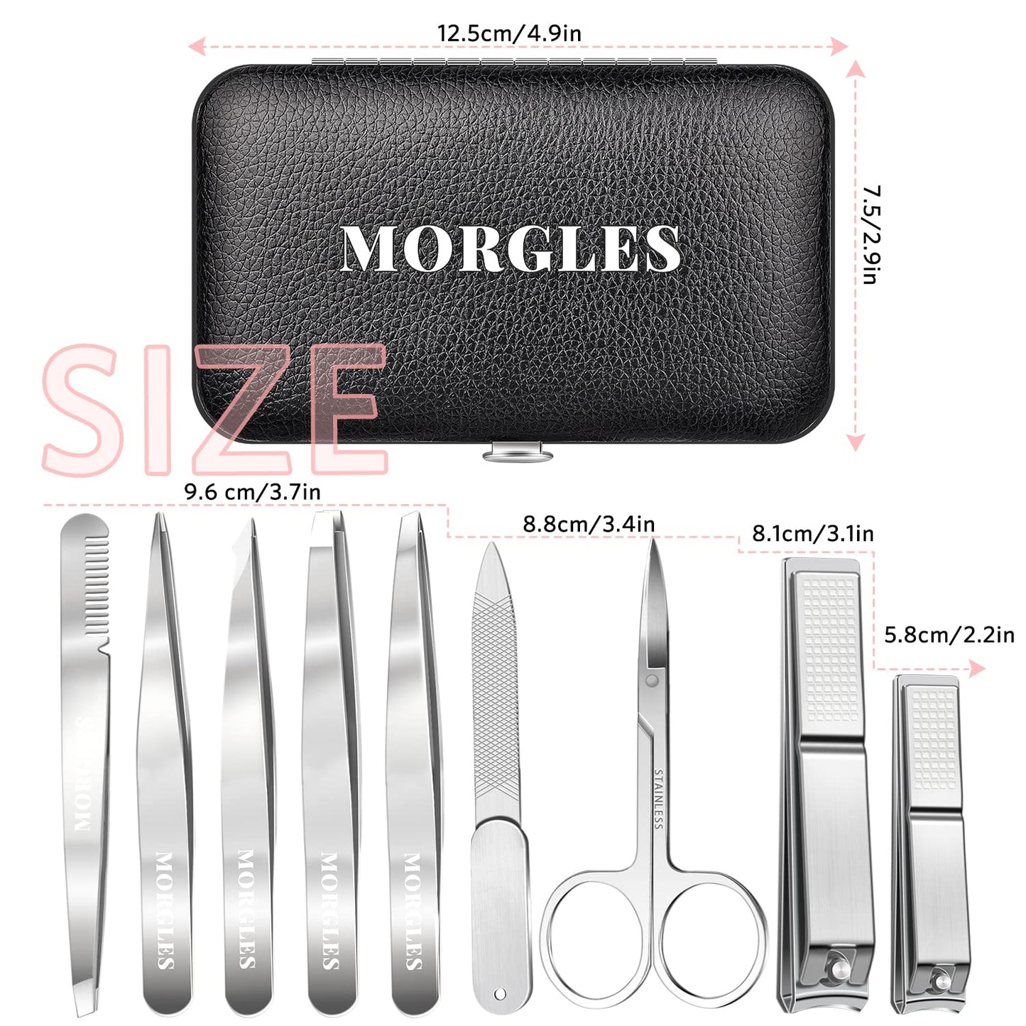 MORGLES Tweezers Set and Nail Clippers, 9 Pcs Stainless Steel Tweezers Kit for Men Professional Manicure Set for Men Grooming Kit with Leather Travel Case