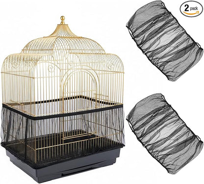 2 Pcs Bird Cage Seed Catcher, Elasticity Bird Cage Cover Seed Catcher Guard Birdscage Net Skirt Netting for Parrot Parakeet, Black