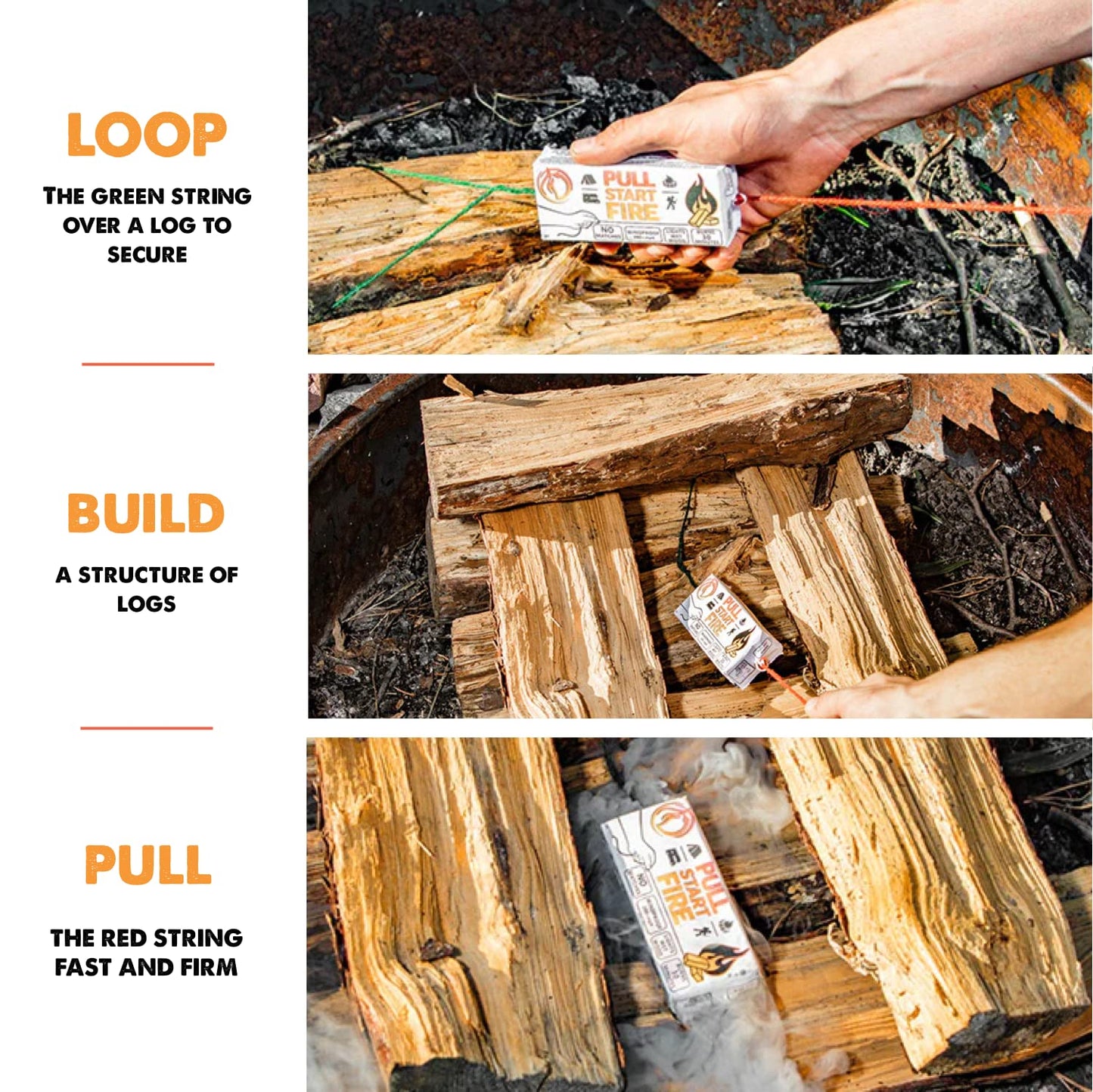 Pull Start Fire Pull String Firestarter | No Matches Required, Fire Starts in Seconds | for Campfires, Grill, Fireplace, BBQ | Lights Wet Wood, Easy to Use, Food Safe and Weather Resistant | 3 Pack