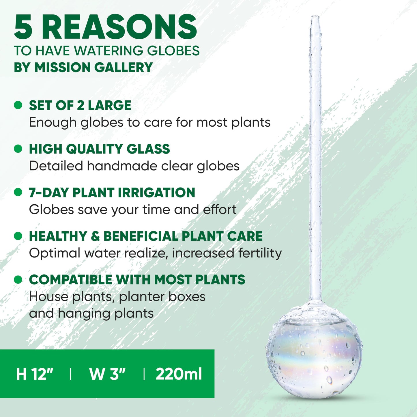 Mission Gallery Clear Plant Watering Globes Set of 2 - Large Self Watering Globes for Indoor & Outdoor Plants - Automatic, Glass Watering Bulbs for Daily Use, Plant Watering Devices