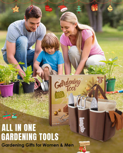 Leapio Gardening Gifts for Women Men, 12PCS Heavy Duty Garden Tools Set with Large Garden Bag and Gloves Pruning Shears, Unique Birthday Easter Gardening Gifts for Mom Dad Boyfriend Planting Lovers