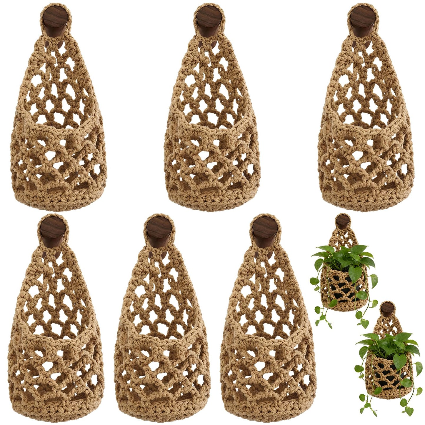 Teecyhooo 6 Pk Wall Planters for Indoor Macrame Plant Hanger Boho Wall Mounted Flower Baskets Hanging Planter, Plants and Pots are Not Included(Linen Color,4 x 8 Inch)