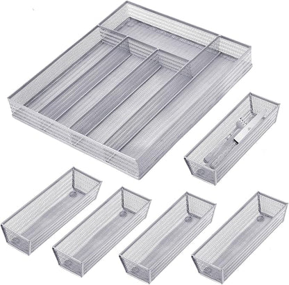 Neudeco Drawer Organizer Set, Silver Mesh, 6 Pack | 5-Compartment Silverware Tray, 5 Utensil Trays, Non-Slip, For Flatware, Cutlery, Office Supplies