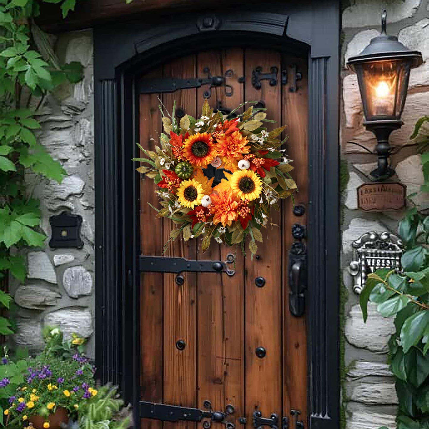 Sunflower Wreaths for Front Door Outside All Season, 24 Inch Artificial Dahlia and Sunflower Door Wreath with Greenery, Pumpkins and Maple Leaves for Home Porch Decor