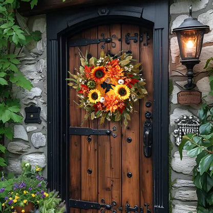 Sunflower Wreaths for Front Door Outside All Season, 24 Inch Artificial Dahlia and Sunflower Door Wreath with Greenery, Pumpkins and Maple Leaves for Home Porch Decor
