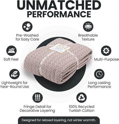 Gold Case Throw Blanket for Bed - 100% Recycled Turkish Cotton Blanket - Retro Lightweight Soft Throw Blankets for Bed & Living Room - Twin Size Cozy Blankets - 71x90 - Beige