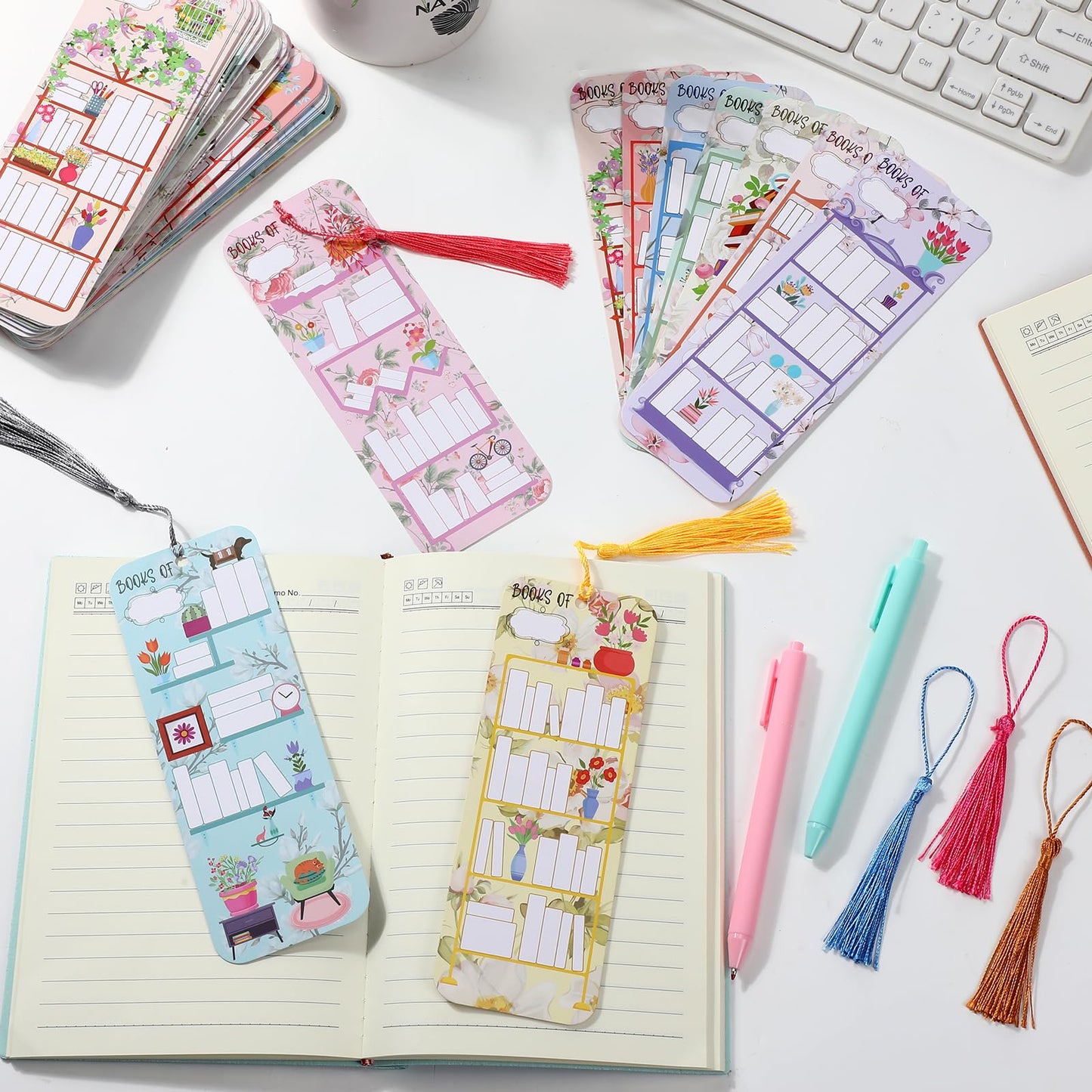100 Pcs Book Tracker Bookmarks with 100 Tassels Bookshelf Design Reading Page Markers Double Sided Bookmarks Gifts for Book Lovers Book Club Gifts