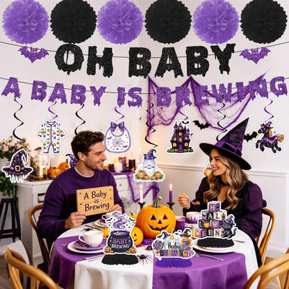 Deorfuy Halloween Baby Shower Decorations, 16PCS a Baby is Brewing Banners with Hanging Swirls Decorations, Halloween Gender Reveal Honeycomb Centerpieces and Paper Poms Decor Supplies Black Pink